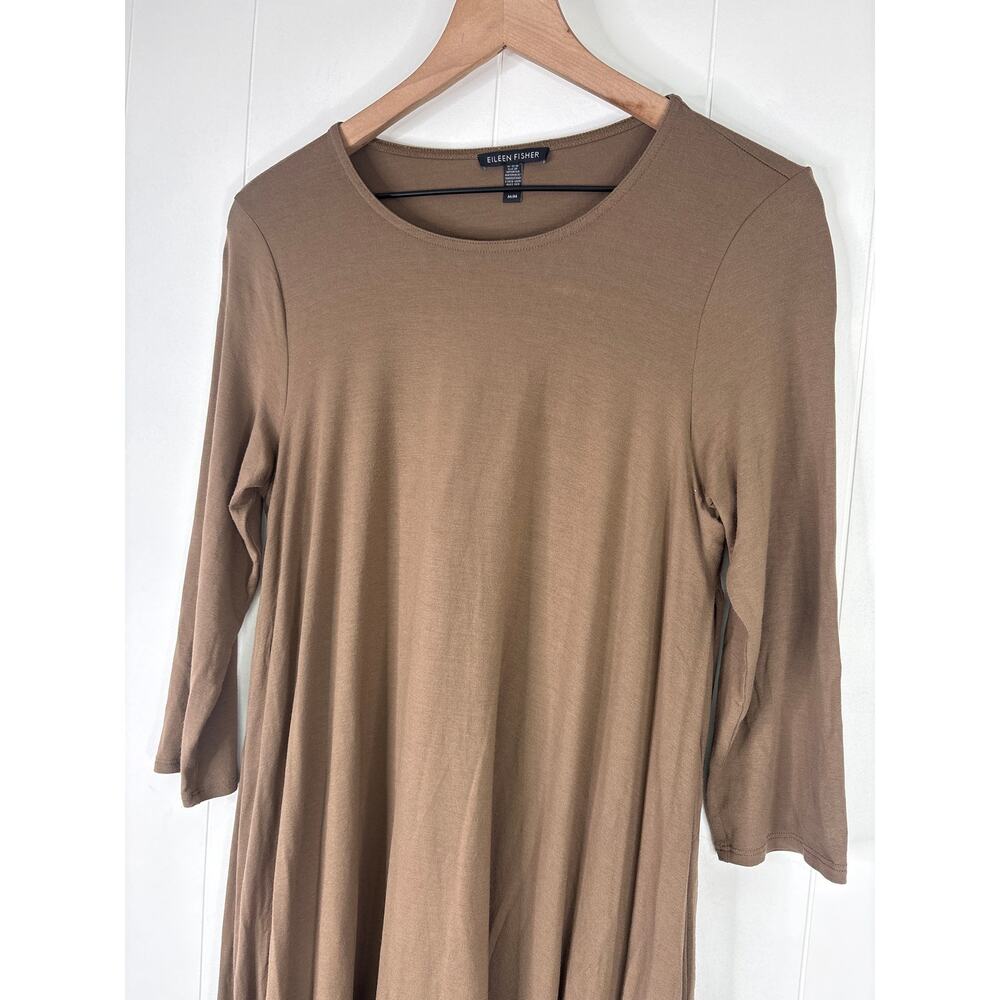 Eileen Fisher Brown Viscose Jersey Swing Dress Medium 3/4 Sleeve Pocket Crew - Picture 2 of 7